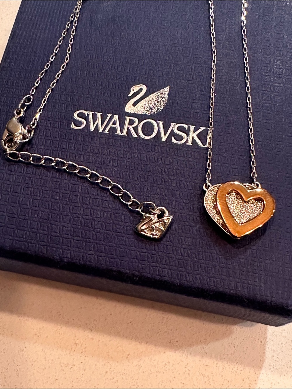 NWOT Flawless Condition: Swarovski Rose Gold and Crystal Heart Pendant Necklace